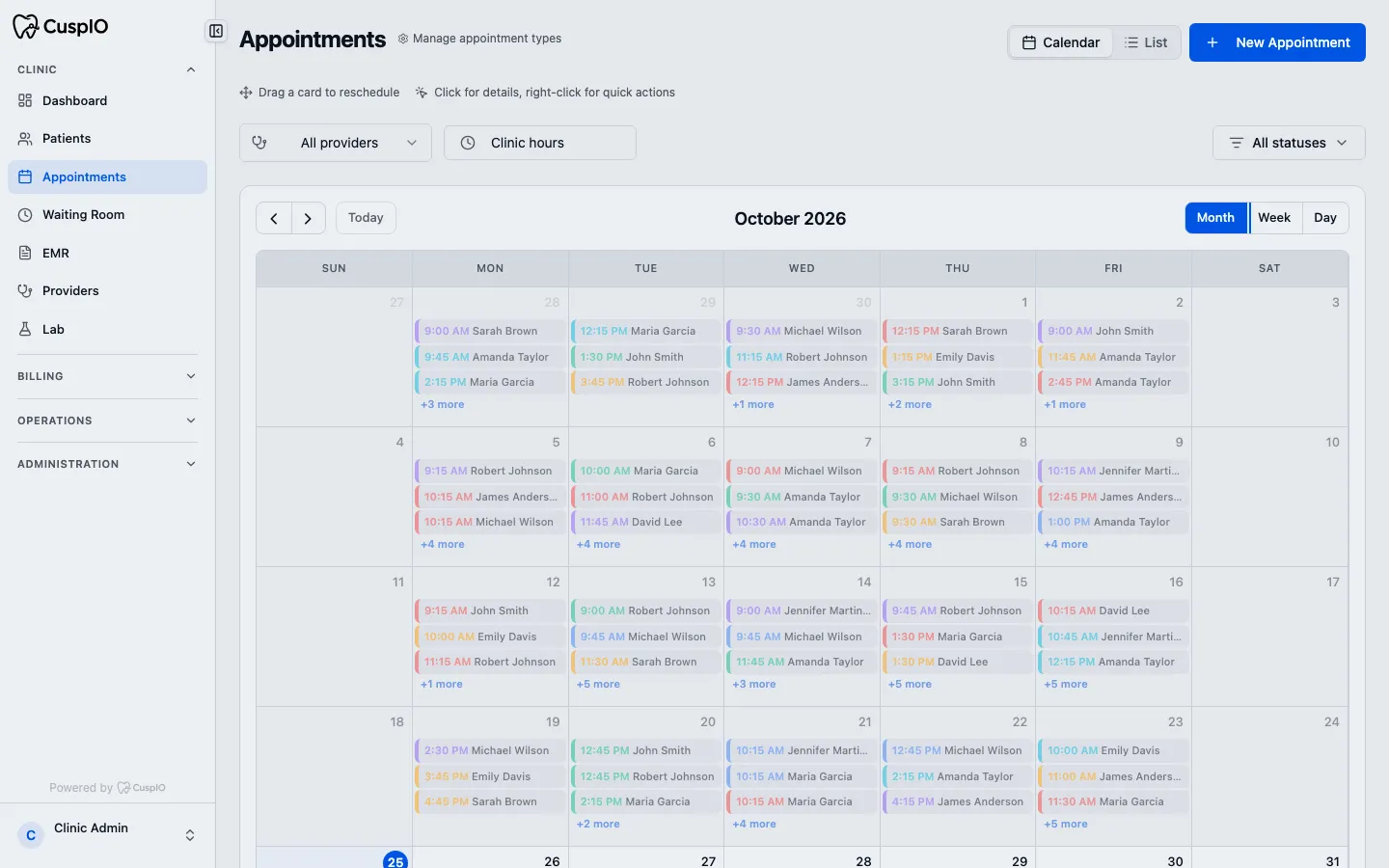 Month view of the appointments calendar for October 2026, with colour-coded appointment entries listing times and patient names.