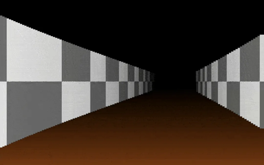 Long corridor in perspective with grey checkered walls converging toward a dark vanishing point
