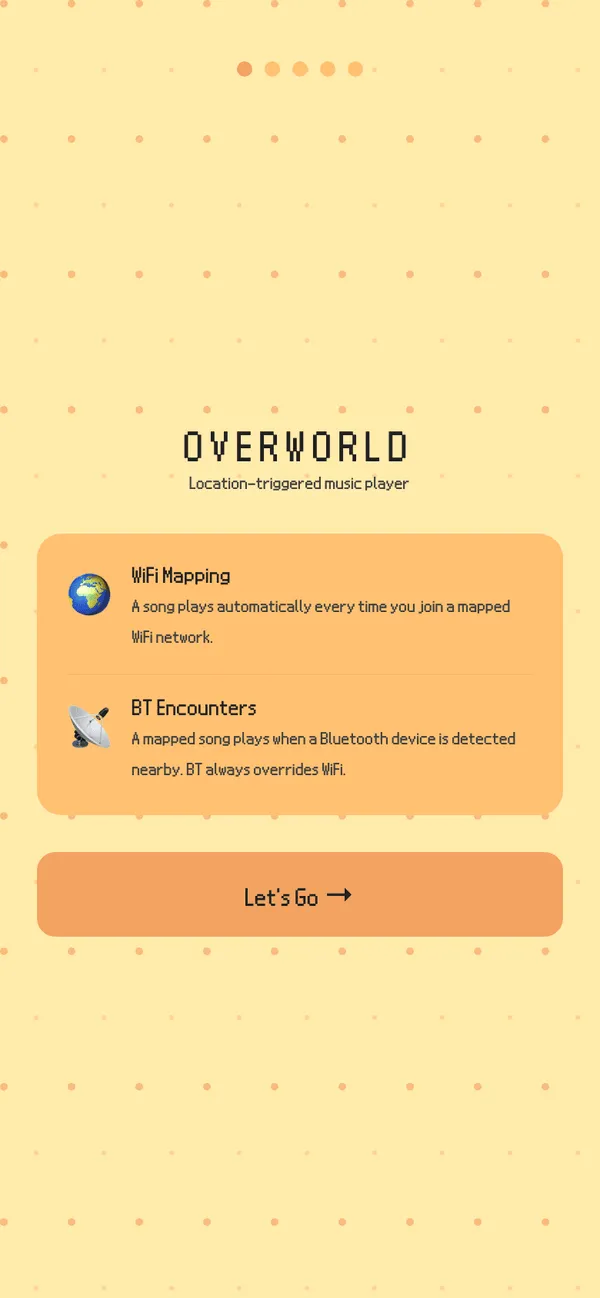 The Overworld welcome card on a warm yellow polka-dot background, with WiFi Mapping and BT Encounters summaries and a Let's Go button.