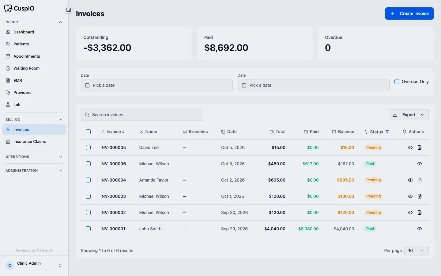 Invoices list for the demo clinic with summary totals above a table of six invoices showing totals, paid amounts and status.