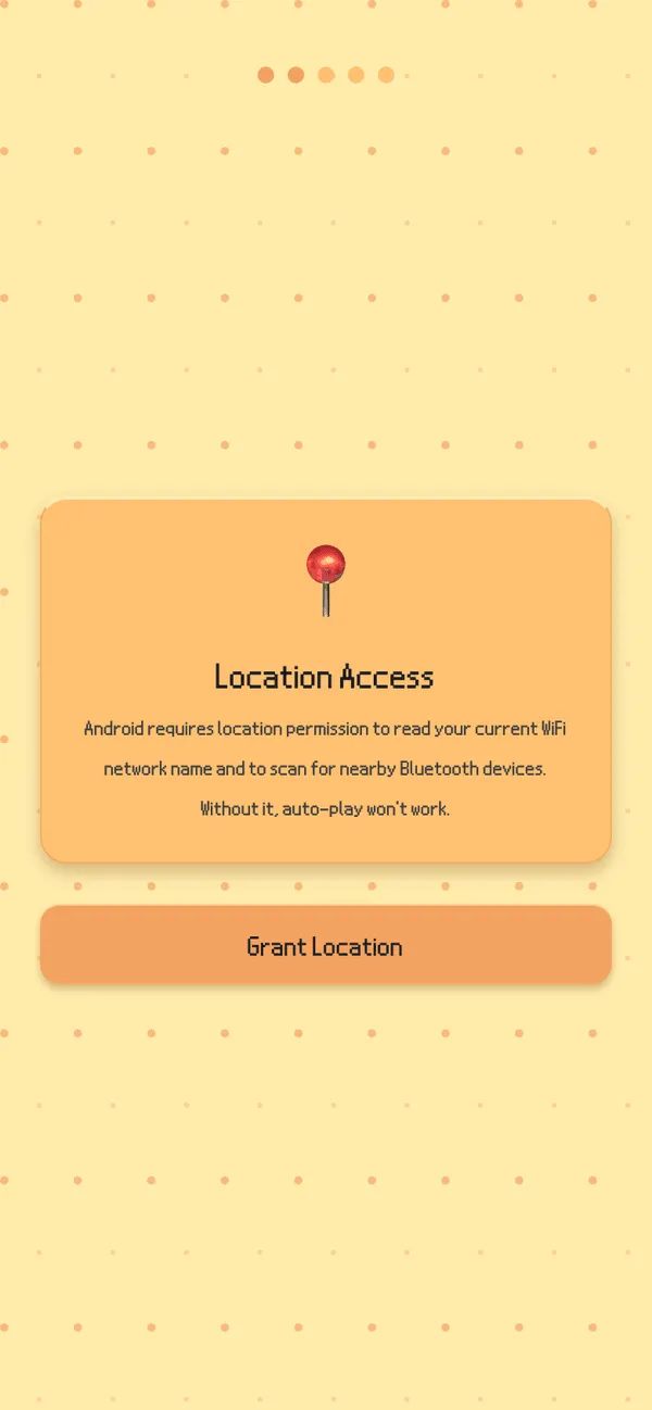 The location permission step, explaining why Overworld needs location to read the WiFi name, with a Grant Location button.