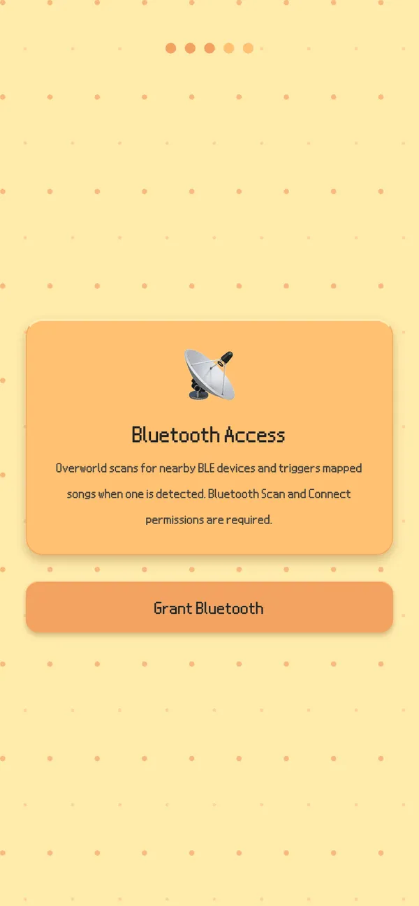 The Bluetooth permission step, explaining that Overworld scans for nearby devices, with a Grant Bluetooth button.