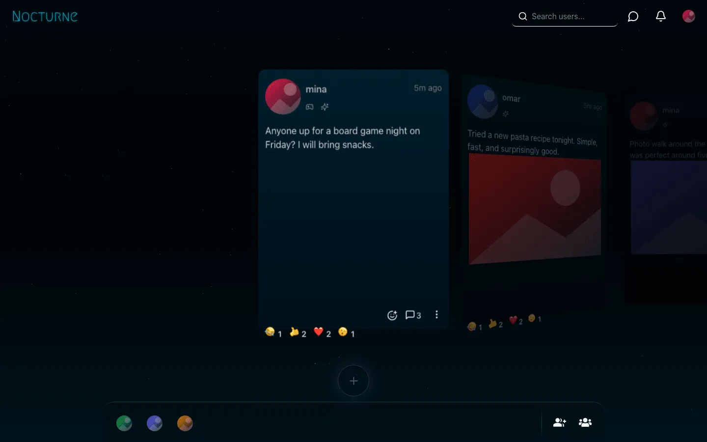 Nocturne Network home feed as a 3D card carousel in a dark neon theme, a text post from mina about a board game night in front with a photo post from omar beside it, a notification badge in the header and group avatars in the bottom bar