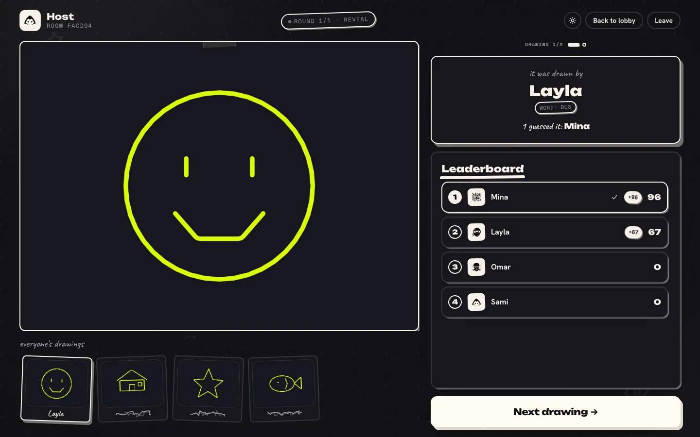 The shared screen revealing a large smiley doodle drawn by Layla, with the leaderboard showing points and a strip of all four drawings underneath