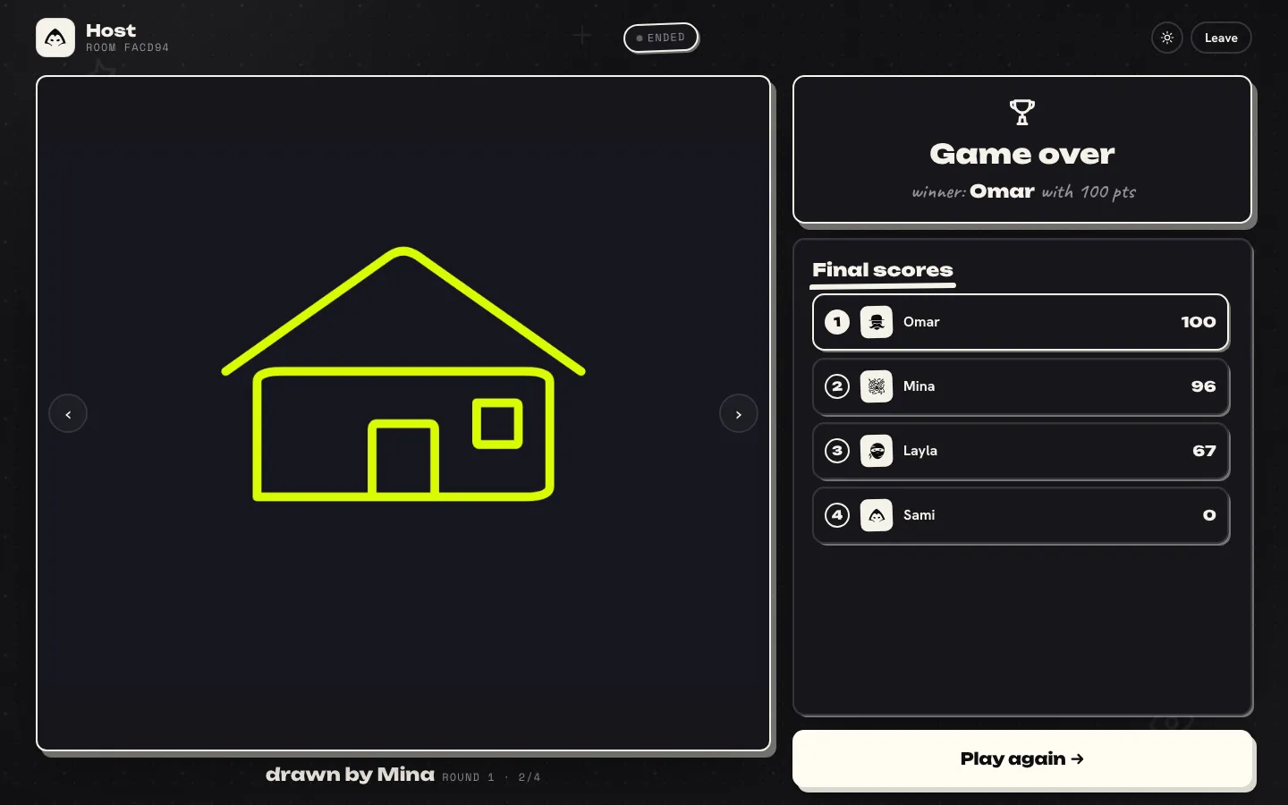 The shared screen showing Game over with Omar as winner, a final scores list of four players and a Play again button