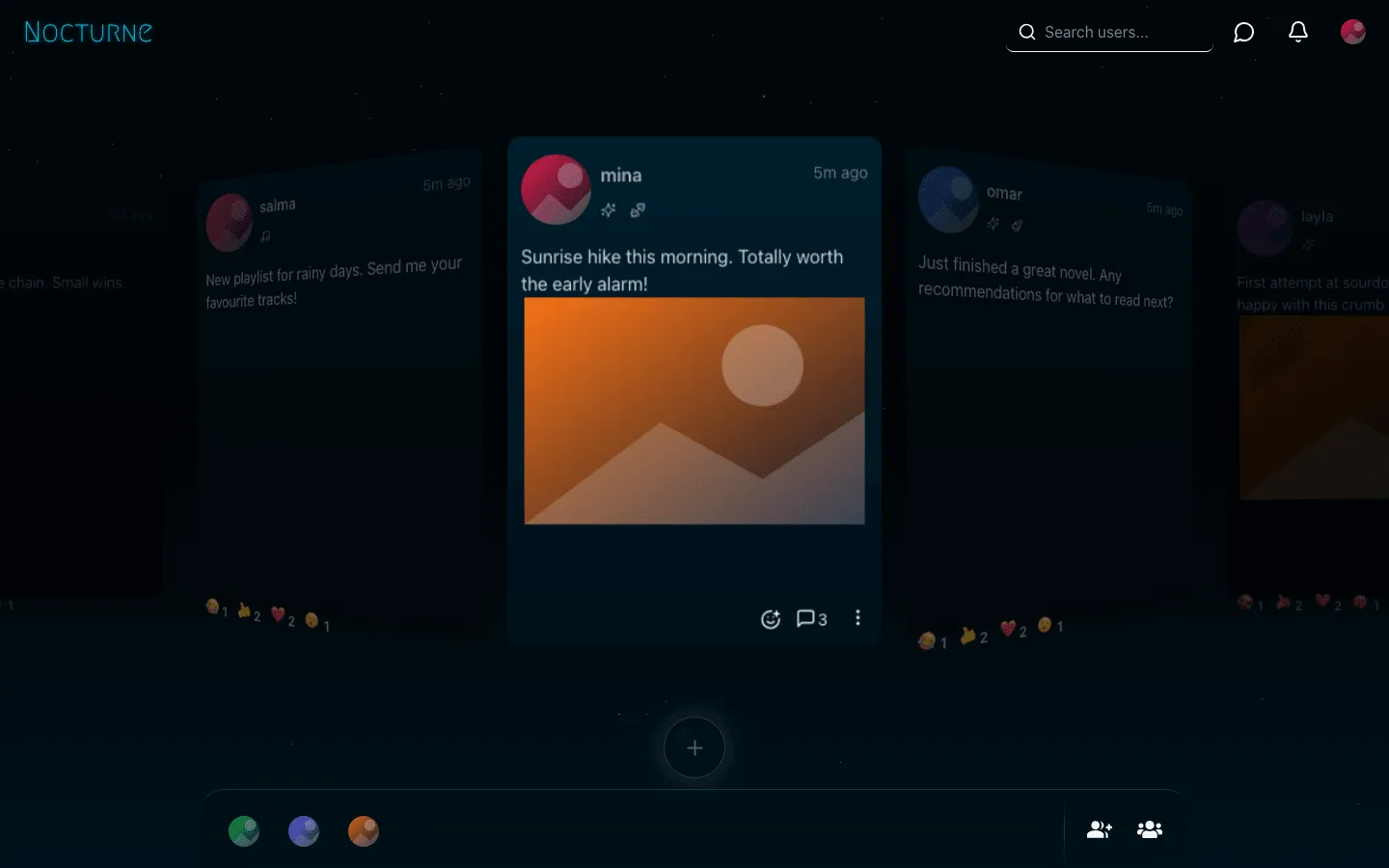 Nocturne Network feed with a photo post from mina centred, a sunrise hike caption above an orange mountain illustration, with category icons and a reaction and comment bar beneath