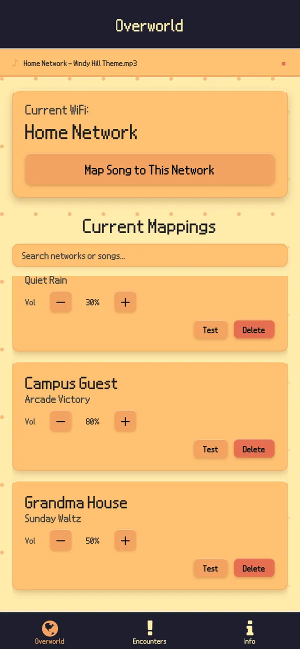 The mappings list scrolled down to show Campus Guest and Grandma House, each with a song name, volume controls, and Test and Delete buttons.