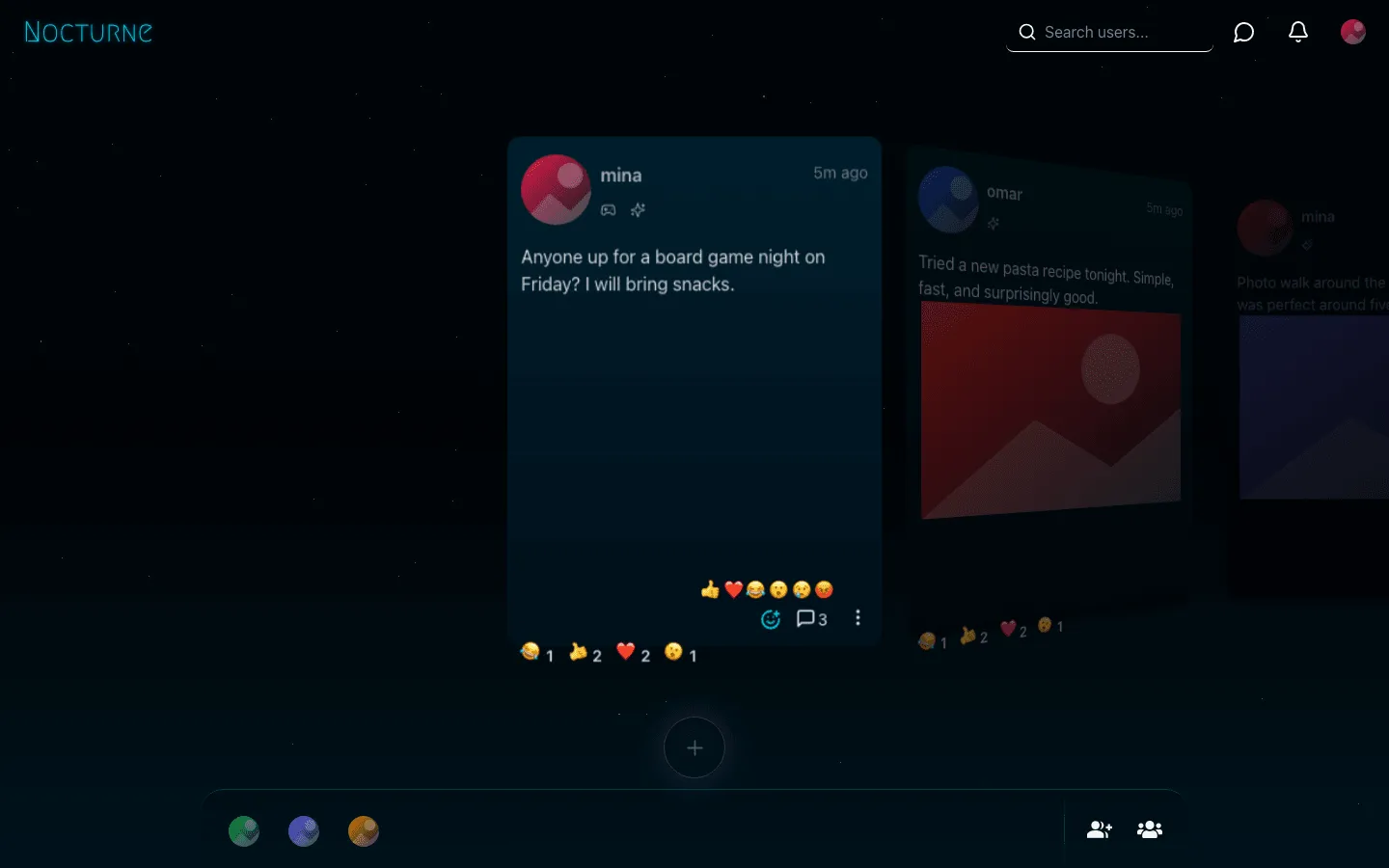 Nocturne Network post with the emoji reaction picker open above the reaction button, a row of six reactions and counts below the card