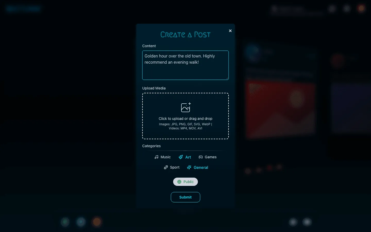 Nocturne Network Create a Post modal over a blurred feed, with a filled text box, a drag-and-drop media upload area, Art and General categories selected and a Public privacy toggle