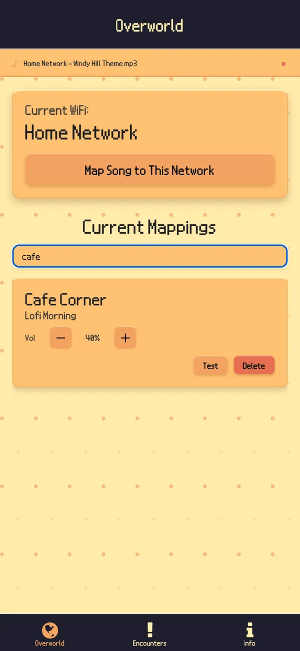 The mappings search field filtered to a single result, Cafe Corner with its song.