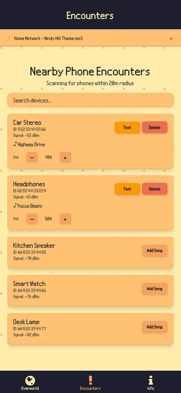 The Encounters tab listing nearby Bluetooth devices with signal strength; two have songs mapped and three show an Add Song button.