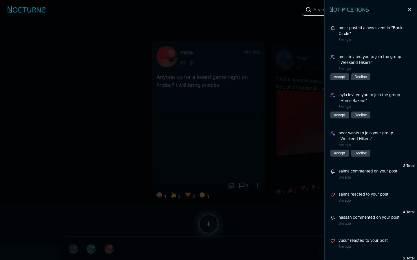 Nocturne Network notifications drawer sliding in from the right, listing a group event, two group invitations and a join request with Accept and Decline buttons, then comment and reaction alerts