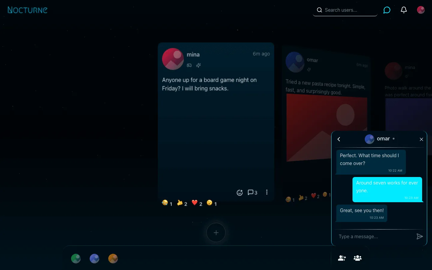 Nocturne Network private chat window in the bottom right with omar, a short friendly conversation about Friday plans with sent and received message bubbles and a message box