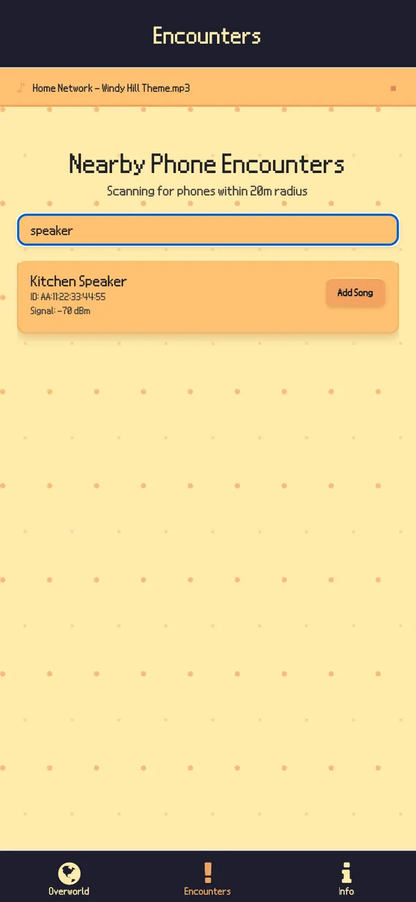 The encounters search field filtered to one nearby device, Kitchen Speaker.