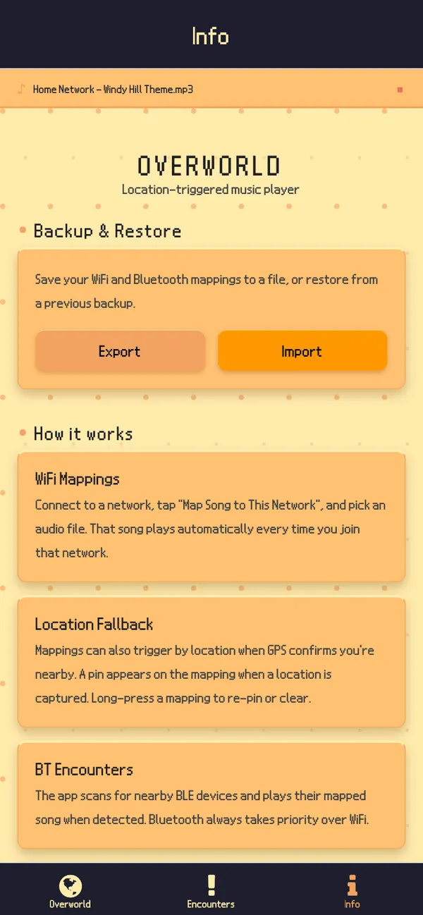 The Info tab with Backup and Restore export and import buttons and the start of a How it works section.