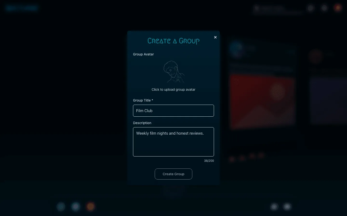 Nocturne Network Create a Group modal with an avatar upload area, a filled group title Film Club and a short description with a character counter