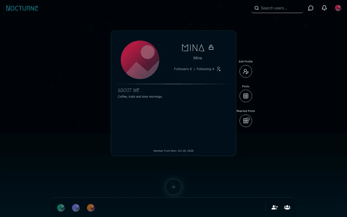 Nocturne Network own profile card for Mina with a large avatar, follower and following counts, an about-me line and side buttons for Edit Profile, Posts and Reacted Posts