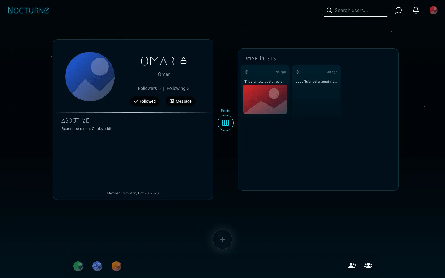 Nocturne Network profile of another user, Omar, with a Followed button, a Message button, follower counts and a grid of his posts