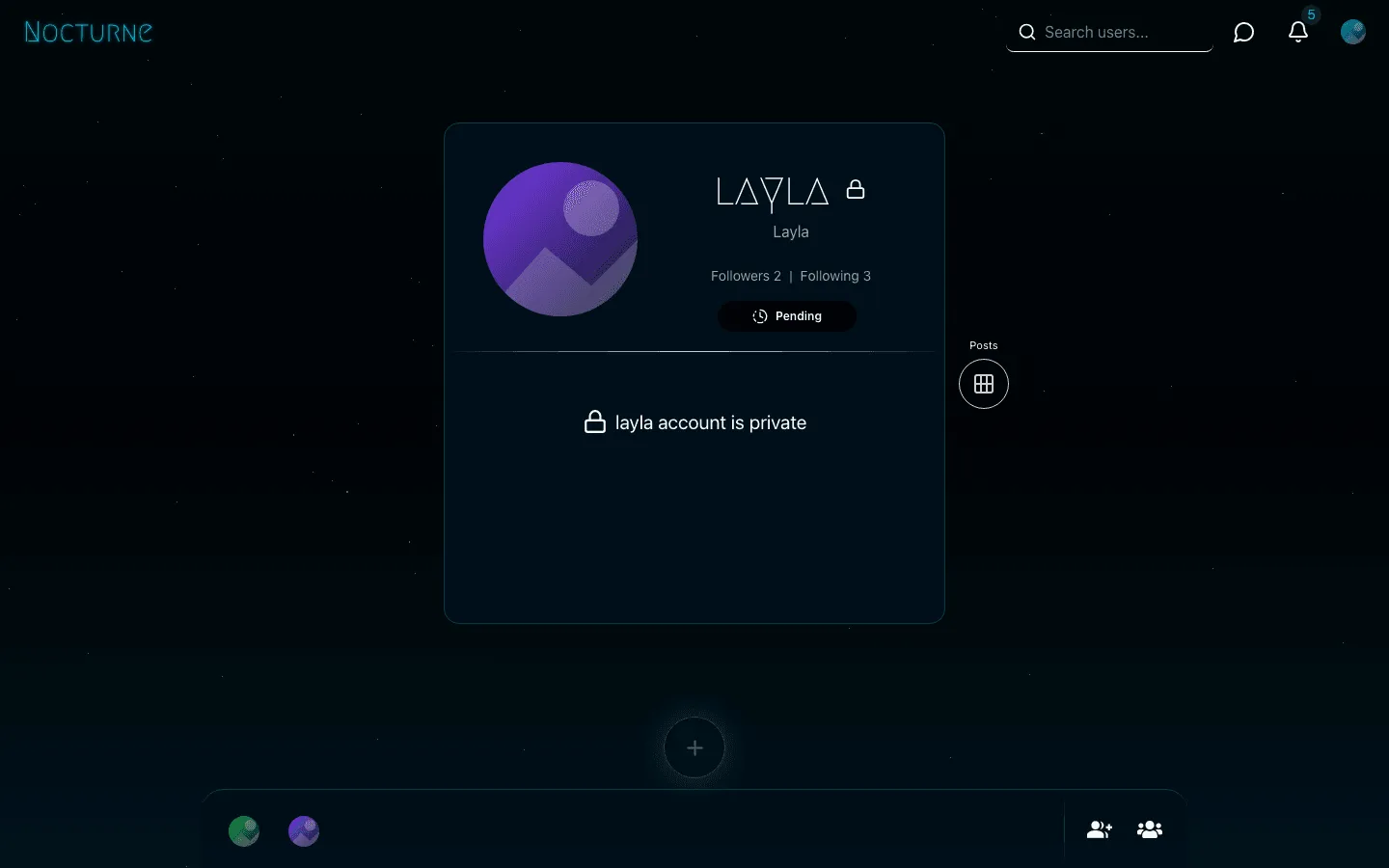 Nocturne Network private profile for Layla showing a lock icon, a Pending follow request button and the message that the account is private instead of her posts