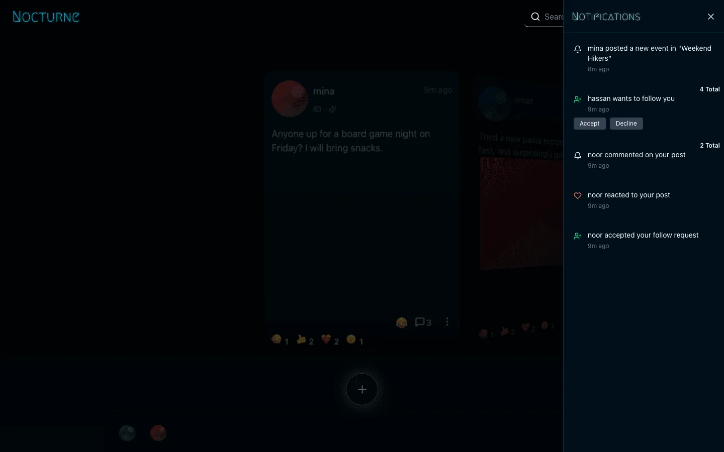 Nocturne Network notifications drawer for a private account showing a follow request from hassan with Accept and Decline buttons, followed by comment, reaction and accepted-request alerts