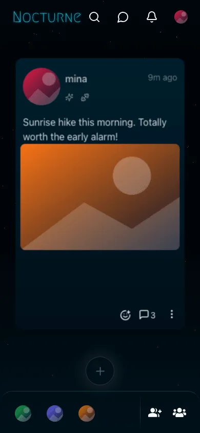 Nocturne Network feed at phone width, a single photo post card with a sunrise image and reaction and comment bar above the bottom navigation bar of group avatars