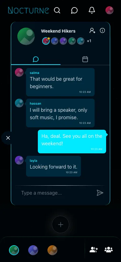 Nocturne Network group chat at phone width, the Weekend Hikers panel with members, chat and events tabs and a conversation between salma, hassan, layla and Mina