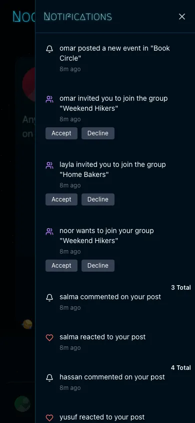 Nocturne Network notifications drawer at phone width, group invitations with Accept and Decline buttons above comment and reaction alerts
