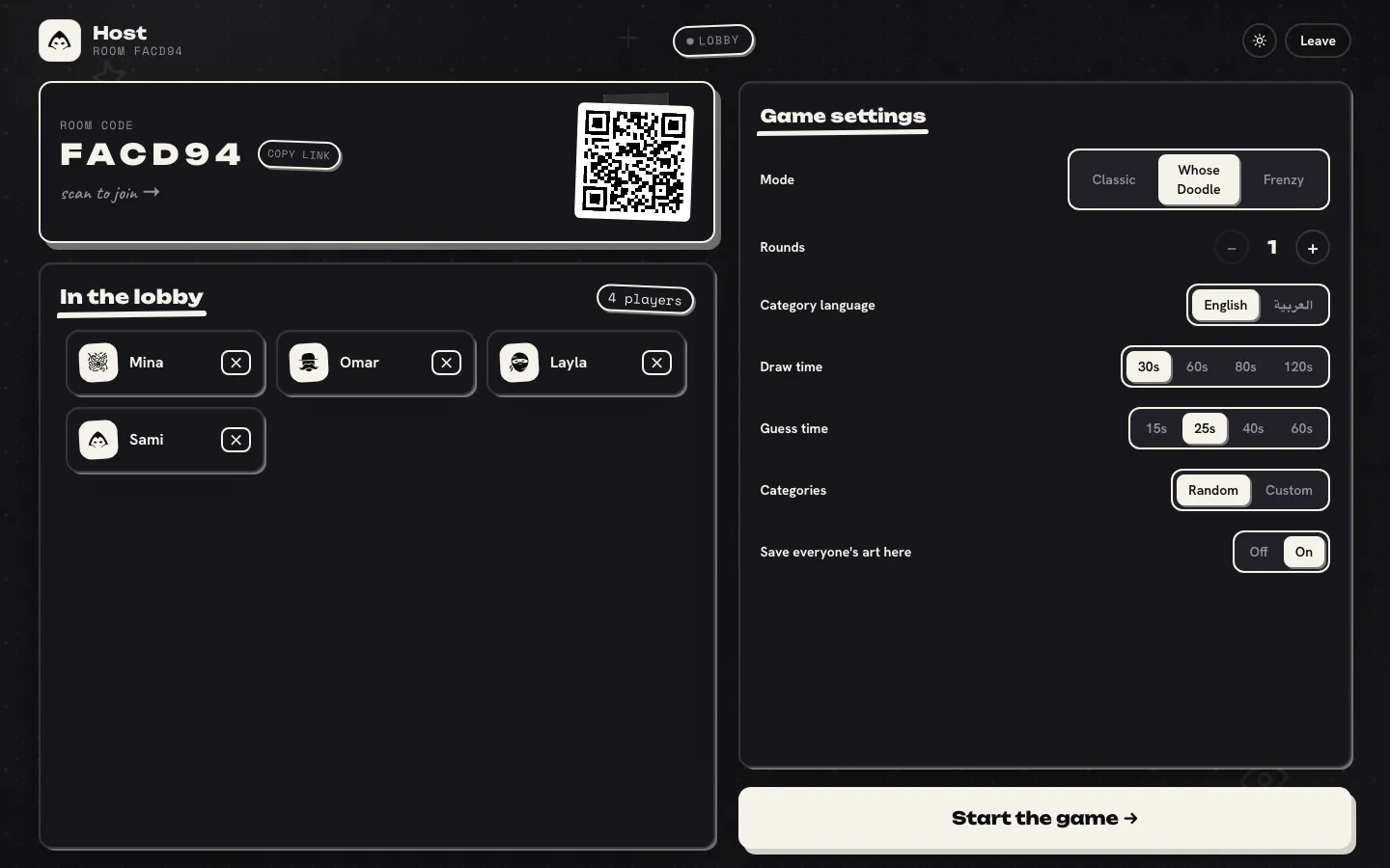 The skoobl host screen in the lobby, showing the room code and join QR code, four players (Mina, Omar, Layla, Sami) and the game settings with Whose Doodle mode selected