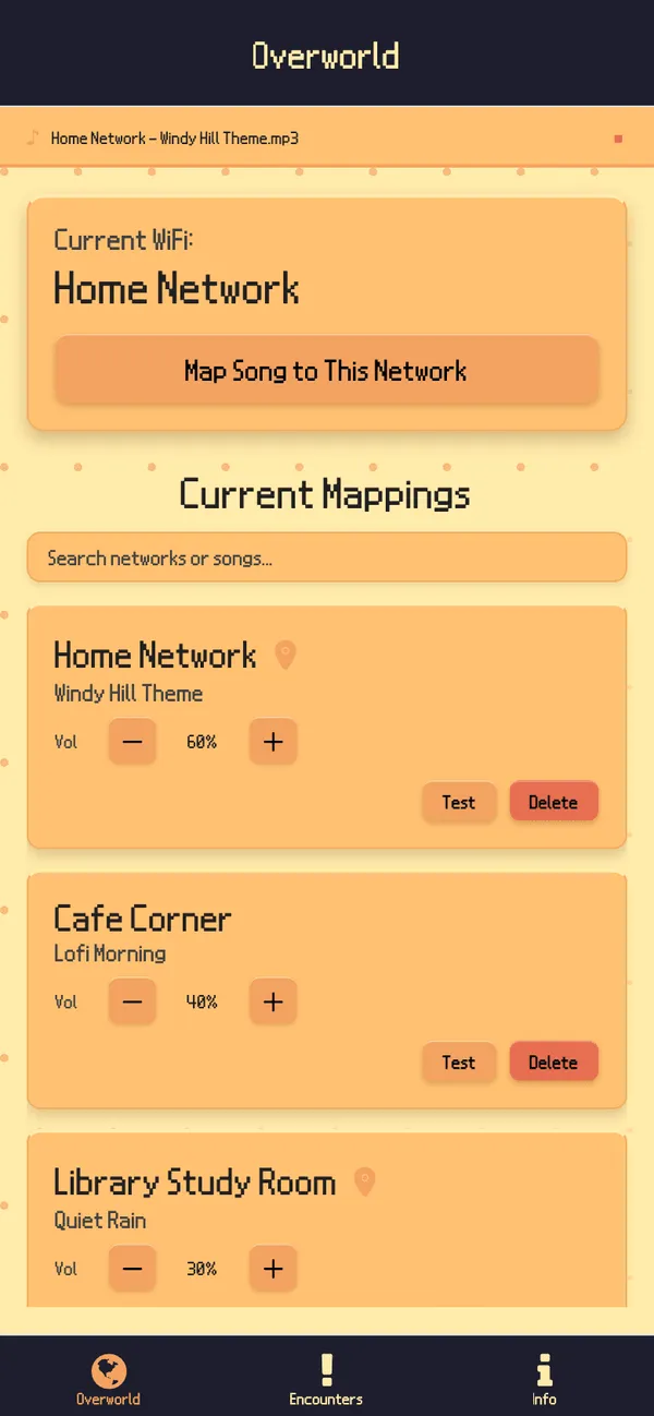 The Overworld app's WiFi tab: the current network, a Map Song to This Network button, and a list of mappings with songs and volume controls, with a now-playing bar at the top.