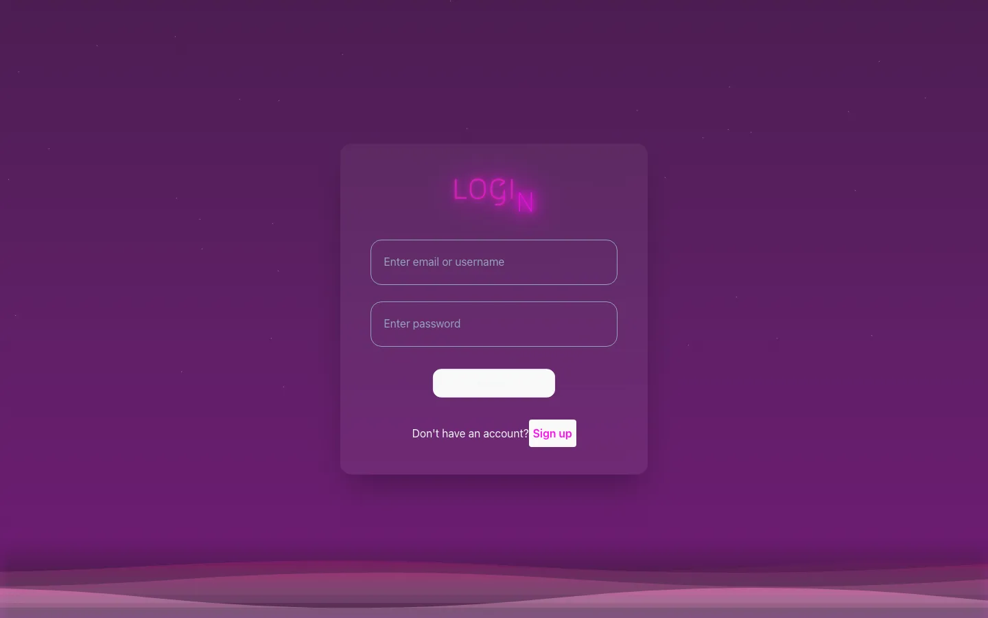 Nocturne Network login screen, a frosted card with a neon pink LOGIN title and email and password fields over a purple starry sky with layered waves